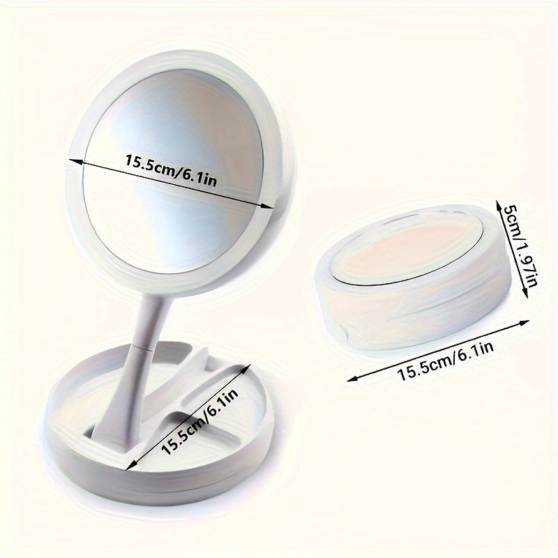 1 Folding Makeup Mirror with LED Light and Storage Box Organizer, Double-Sided 1X and 10X Magnification Telescopic Mirror for Desk, Vanity, and Cosmetics