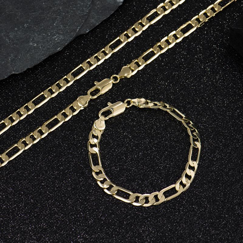 14K Gold-Plated Cuban & Figaro Bracelet, Necklace, Set - 8mm/10mm wide, High Quality