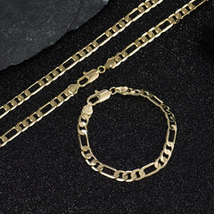 14K Gold-Plated Cuban & Figaro Bracelet, Necklace, Set - 8mm/10mm wide, High Quality