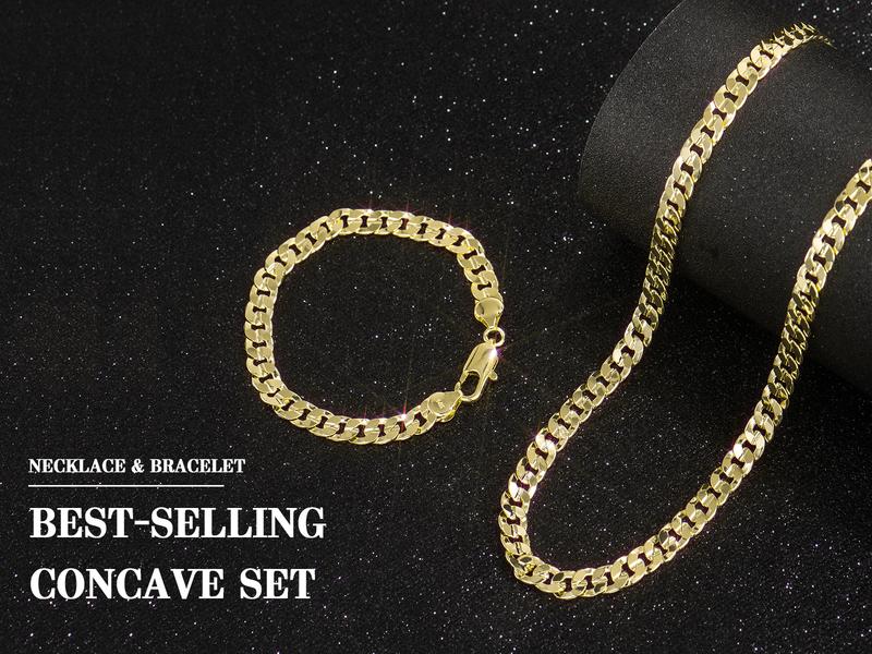 14K Gold-Plated Cuban & Figaro Bracelet, Necklace, Set - 8mm/10mm wide, High Quality