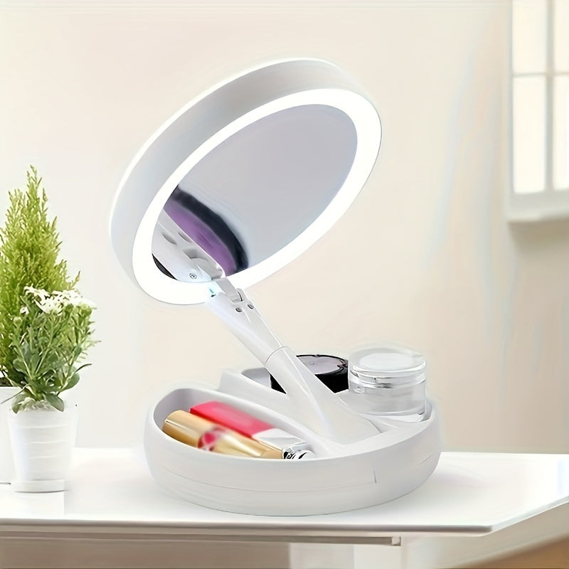 1 Folding Makeup Mirror with LED Light and Storage Box Organizer, Double-Sided 1X and 10X Magnification Telescopic Mirror for Desk, Vanity, and Cosmetics