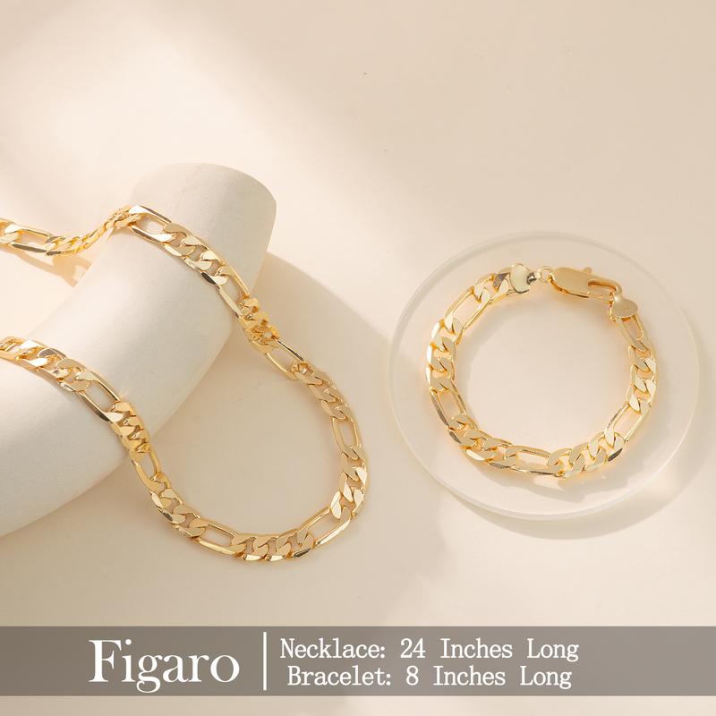 14K Gold-Plated Cuban & Figaro Bracelet, Necklace, Set - 8mm/10mm wide, High Quality