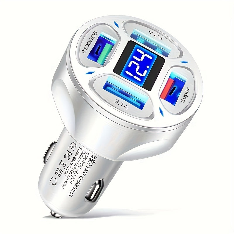 120W 4-in-1 Fast Car Charger - Rapidly Charges 4 Devices at Once with Digital Display, PD Mobile Phone Charging Head, 7A QC3.0 Car Phone Adapter, and Multi-Protection Car Accessories