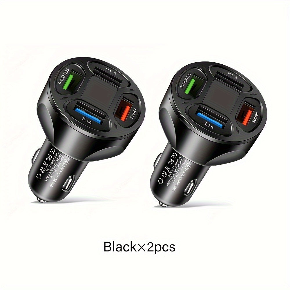 120W 4-in-1 Fast Car Charger - Rapidly Charges 4 Devices at Once with Digital Display, PD Mobile Phone Charging Head, 7A QC3.0 Car Phone Adapter, and Multi-Protection Car Accessories