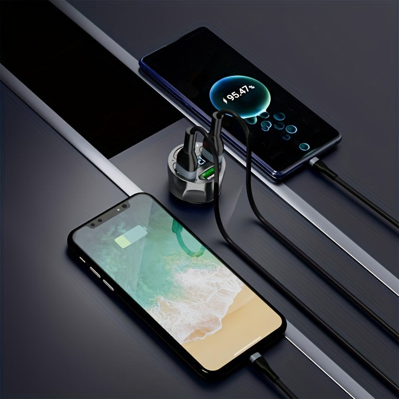 120W 4-in-1 Fast Car Charger - Rapidly Charges 4 Devices at Once with Digital Display, PD Mobile Phone Charging Head, 7A QC3.0 Car Phone Adapter, and Multi-Protection Car Accessories