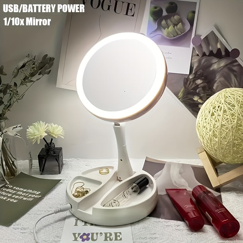 1 Folding Makeup Mirror with LED Light and Storage Box Organizer, Double-Sided 1X and 10X Magnification Telescopic Mirror for Desk, Vanity, and Cosmetics