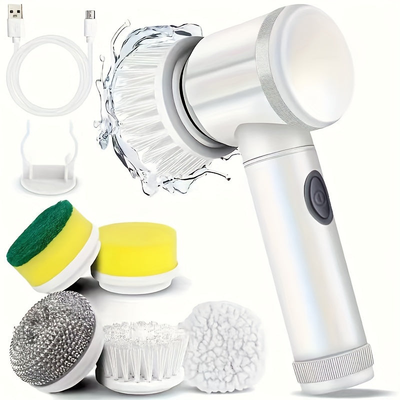 1 Set 5-in-1 Electric Rotating Floor Washer, with 5 Replaceable Brush Heads, Electric Cordless Electric Cleaning Brush, Handheld Rechargeable Shower Floor Washer, Bathroom, Kitchen, Bathtub, Tiles, Shower, Cleaning Supplies, Christmas Supplies