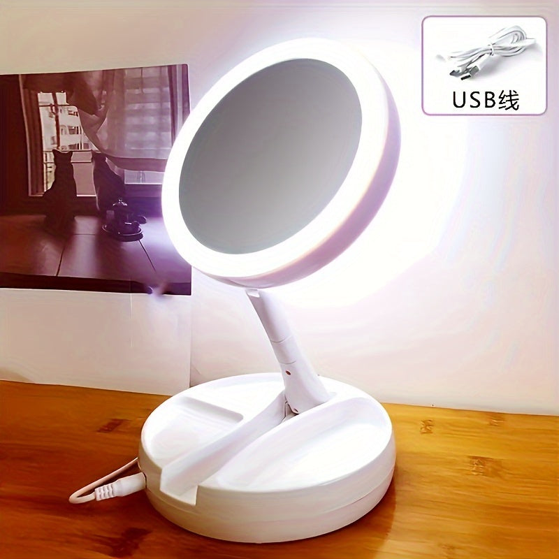 1 Folding Makeup Mirror with LED Light and Storage Box Organizer, Double-Sided 1X and 10X Magnification Telescopic Mirror for Desk, Vanity, and Cosmetics