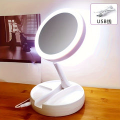 1 Folding Makeup Mirror with LED Light and Storage Box Organizer, Double-Sided 1X and 10X Magnification Telescopic Mirror for Desk, Vanity, and Cosmetics