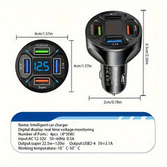 120W 4-in-1 Fast Car Charger - Rapidly Charges 4 Devices at Once with Digital Display, PD Mobile Phone Charging Head, 7A QC3.0 Car Phone Adapter, and Multi-Protection Car Accessories