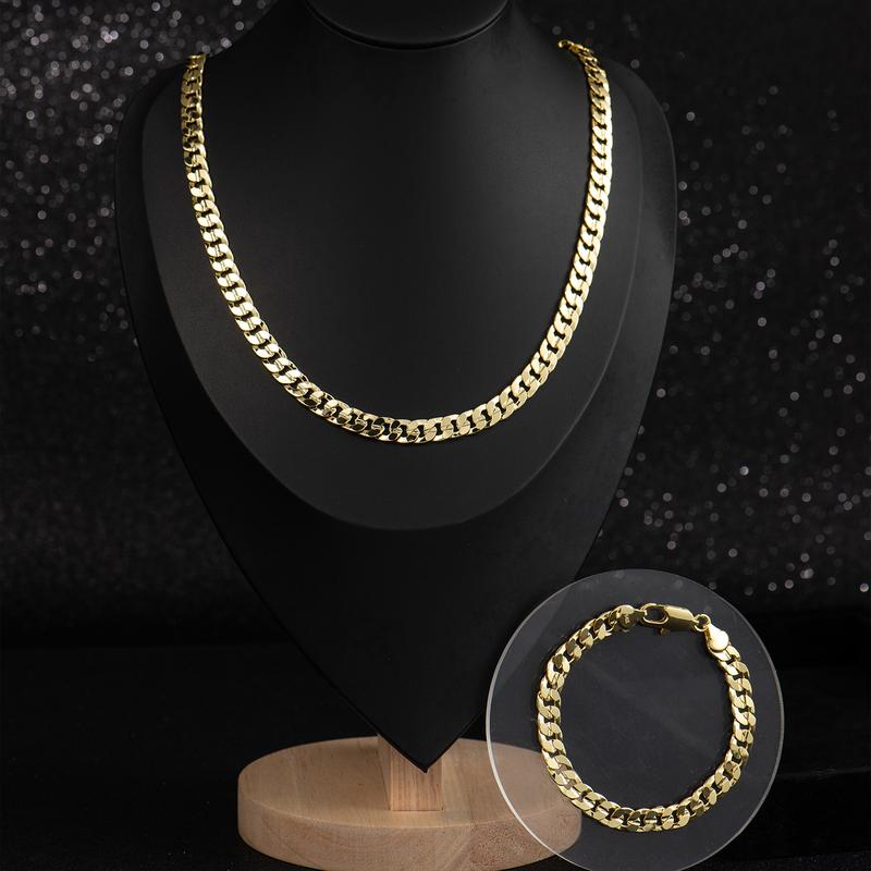 14K Gold-Plated Cuban & Figaro Bracelet, Necklace, Set - 8mm/10mm wide, High Quality