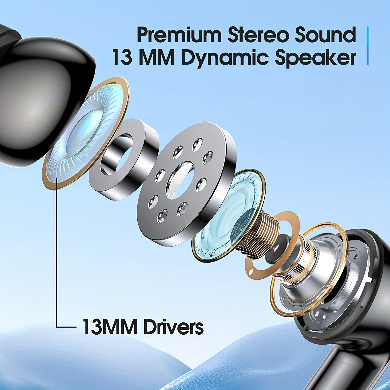 13MM Wireless Earphone, Long Time Playtime Wireless 5.3 Headphones with Type-C Fast Charging Case, Stereo In-Ear Headphones for iPhone and Android, Gaming Business Sports Headset with Ear Microphone