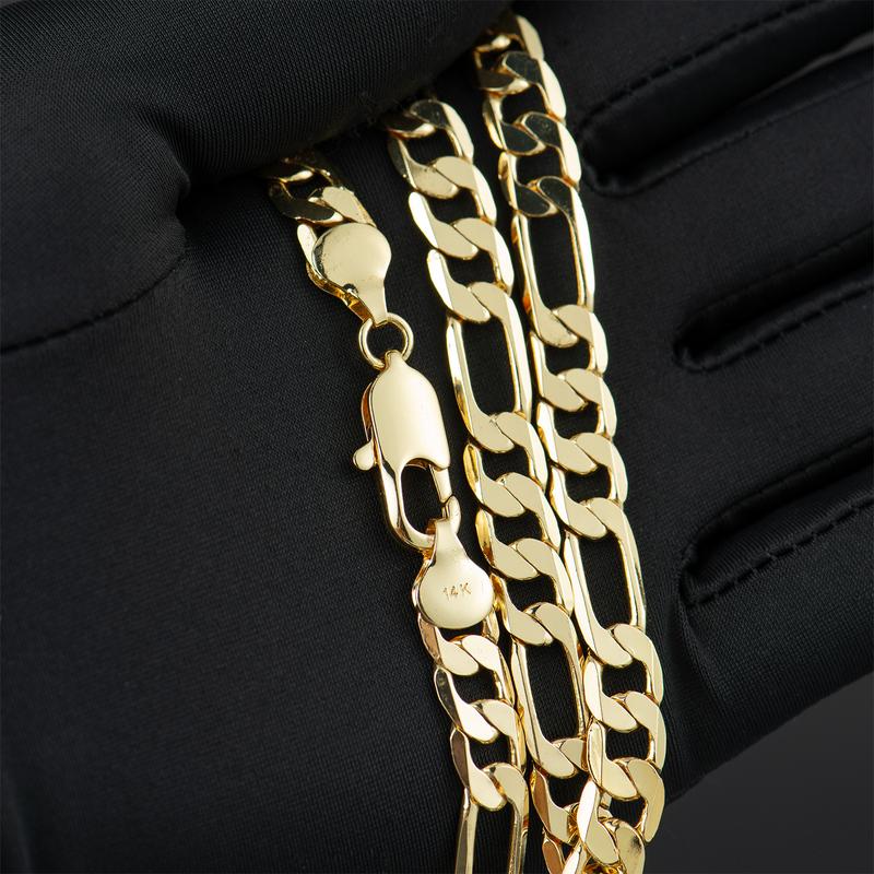 14K Gold-Plated Cuban & Figaro Bracelet, Necklace, Set - 8mm/10mm wide, High Quality