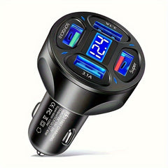 120W 4-in-1 Fast Car Charger - Rapidly Charges 4 Devices at Once with Digital Display, PD Mobile Phone Charging Head, 7A QC3.0 Car Phone Adapter, and Multi-Protection Car Accessories