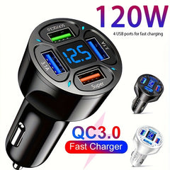 120W 4-in-1 Fast Car Charger - Rapidly Charges 4 Devices at Once with Digital Display, PD Mobile Phone Charging Head, 7A QC3.0 Car Phone Adapter, and Multi-Protection Car Accessories