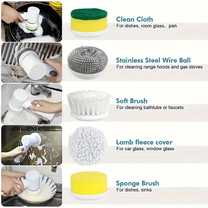 1 Set 5-in-1 Electric Rotating Floor Washer, with 5 Replaceable Brush Heads, Electric Cordless Electric Cleaning Brush, Handheld Rechargeable Shower Floor Washer, Bathroom, Kitchen, Bathtub, Tiles, Shower, Cleaning Supplies, Christmas Supplies