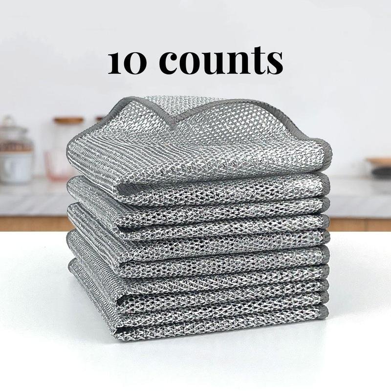 10 Counts Dishwashing Rags，Multipurpose Non-Scratch Wire Dishcloths for Wet and Dry Use, Reusable Wire Cleaning Cloths for Kitchen, Sinks, and Pans Silver Removable, Washable & More