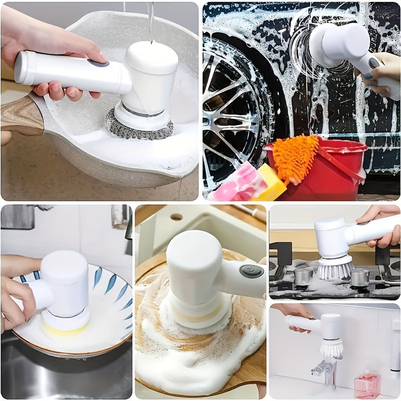 1 Set 5-in-1 Electric Rotating Floor Washer, with 5 Replaceable Brush Heads, Electric Cordless Electric Cleaning Brush, Handheld Rechargeable Shower Floor Washer, Bathroom, Kitchen, Bathtub, Tiles, Shower, Cleaning Supplies, Christmas Supplies