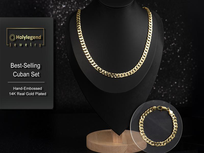 14K Gold-Plated Cuban & Figaro Bracelet, Necklace, Set - 8mm/10mm wide, High Quality